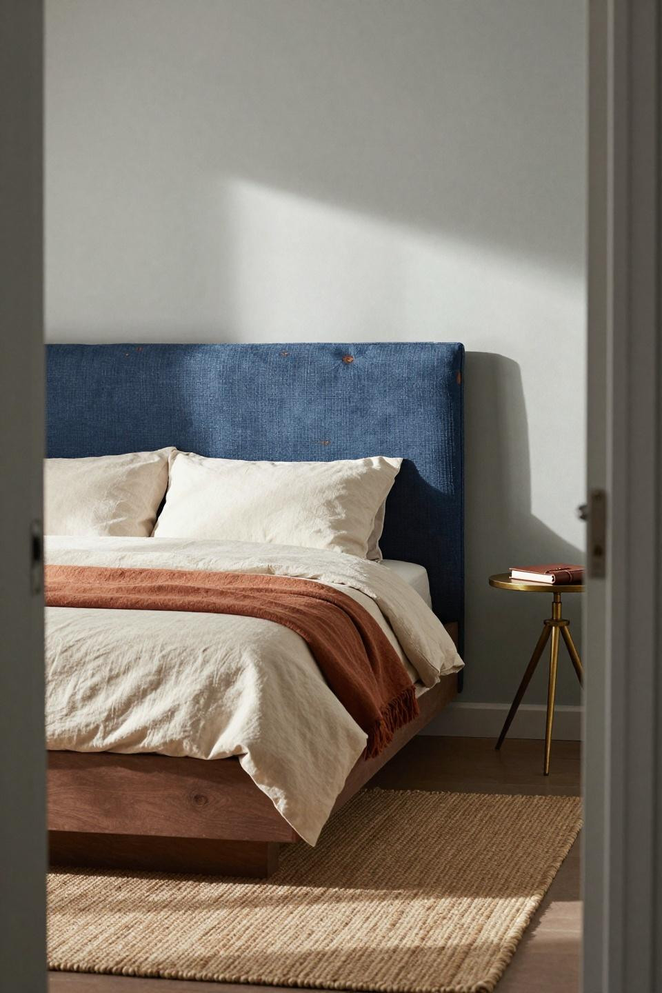 Warm Bedroom - low platform bed with hand-dyed indigo hemp headboard