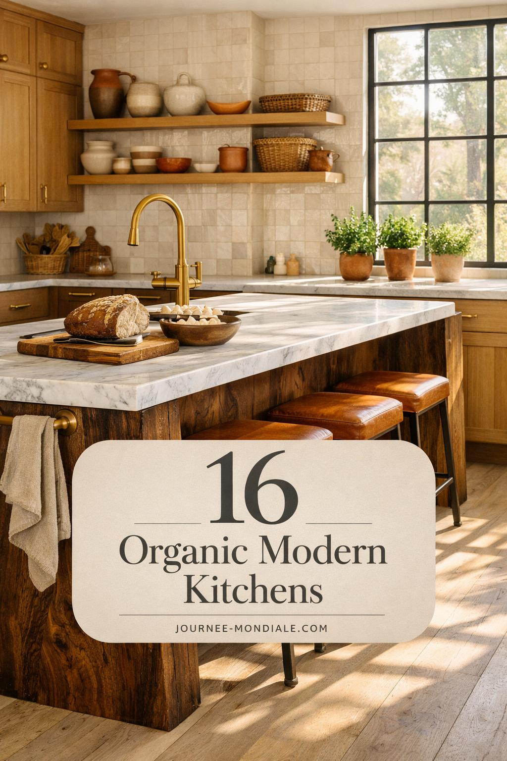 Spacious open kitchen featuring natural wood cabinetry, warm neutral palette, Scandinavian-inspired design with earthy textures