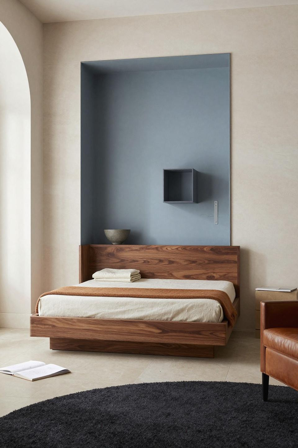 Japandi Bedroom - sculptural walnut platform with asymmetric headboard