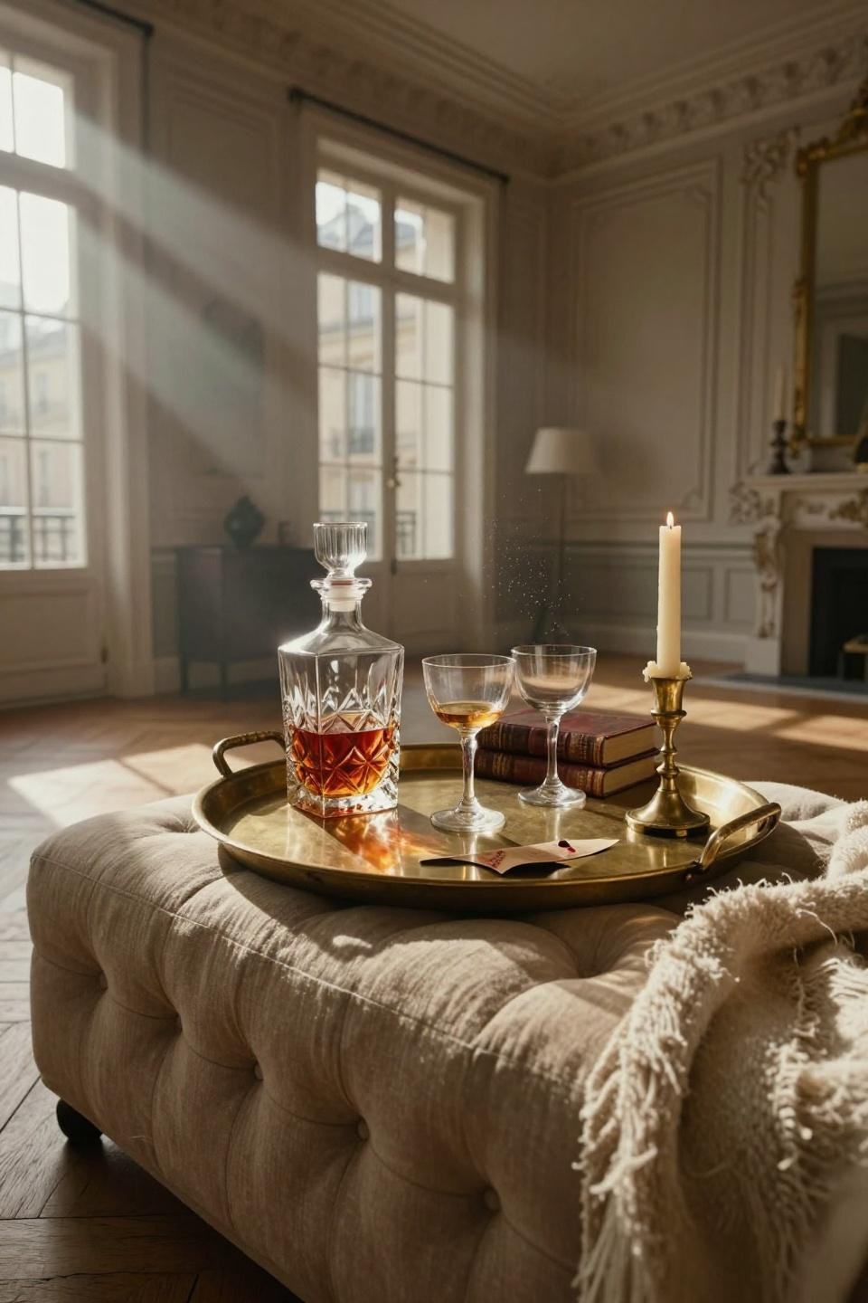 Ottoman Tray Styling - unlacquered brass tray on tufted linen ottoman