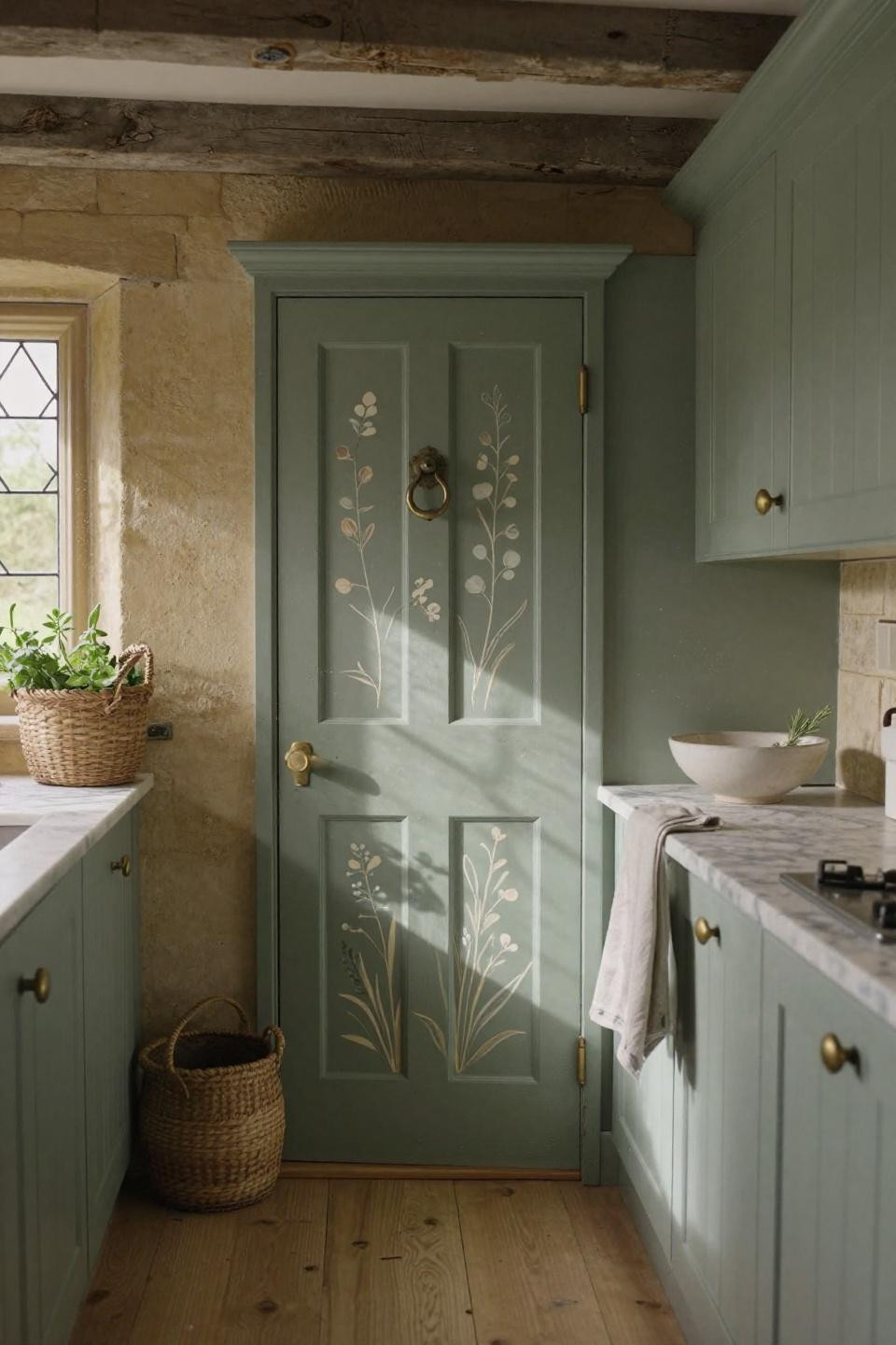 Sage green pantry door with hand-painted botanical motifs