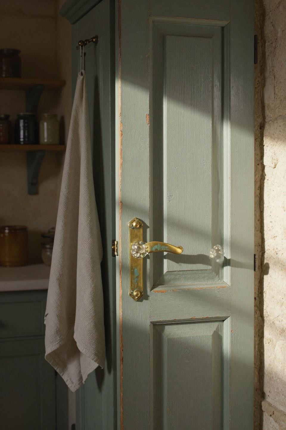Closeup of layered paint and patina on antique door
