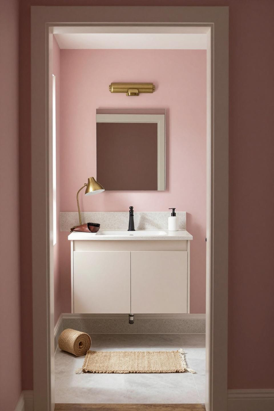 Master Bath Ideas - pale blush terrazzo floating vanity in loft