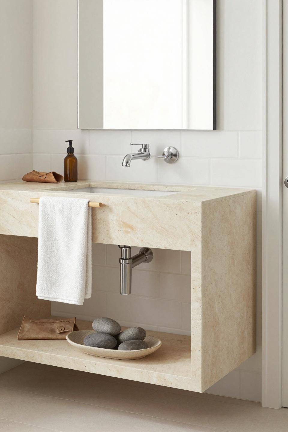 Modern Bathroom Ideas - pale limestone floating vanity with open shelving