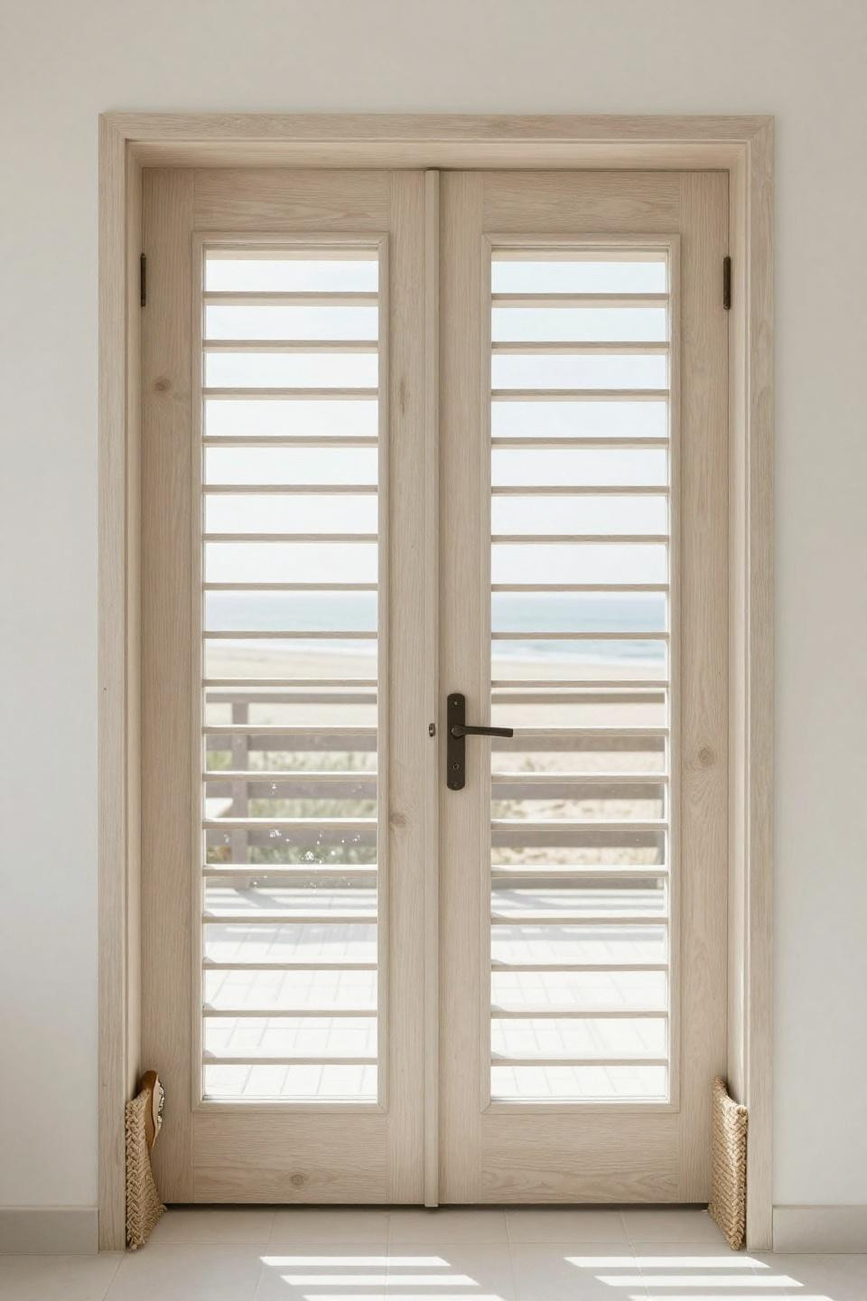 Double Wood Front Doors - pale oak with horizontal slat cutouts