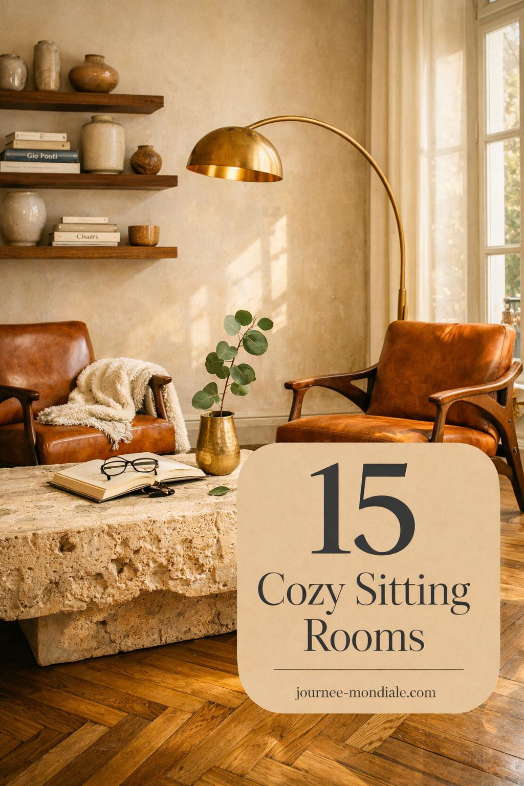 Elegant Parisian sitting room featuring two cognac leather mid-century armchairs, travertine coffee table, ivory bouclé throw, brass arc lamp, honey oak herringbone floors