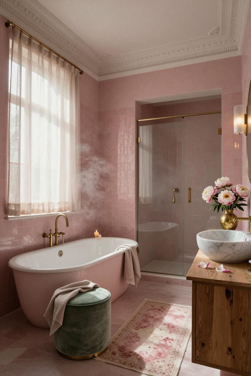 Pink Bathroom Aesthetic - sculptural tub with brass fixtures