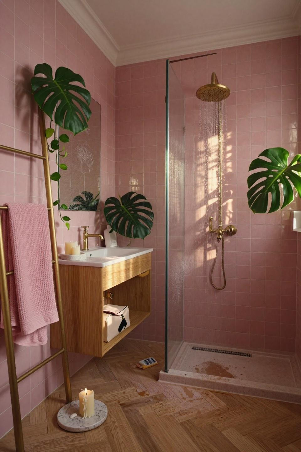 Pink Bathroom Aesthetic - original herringbone oak floors
