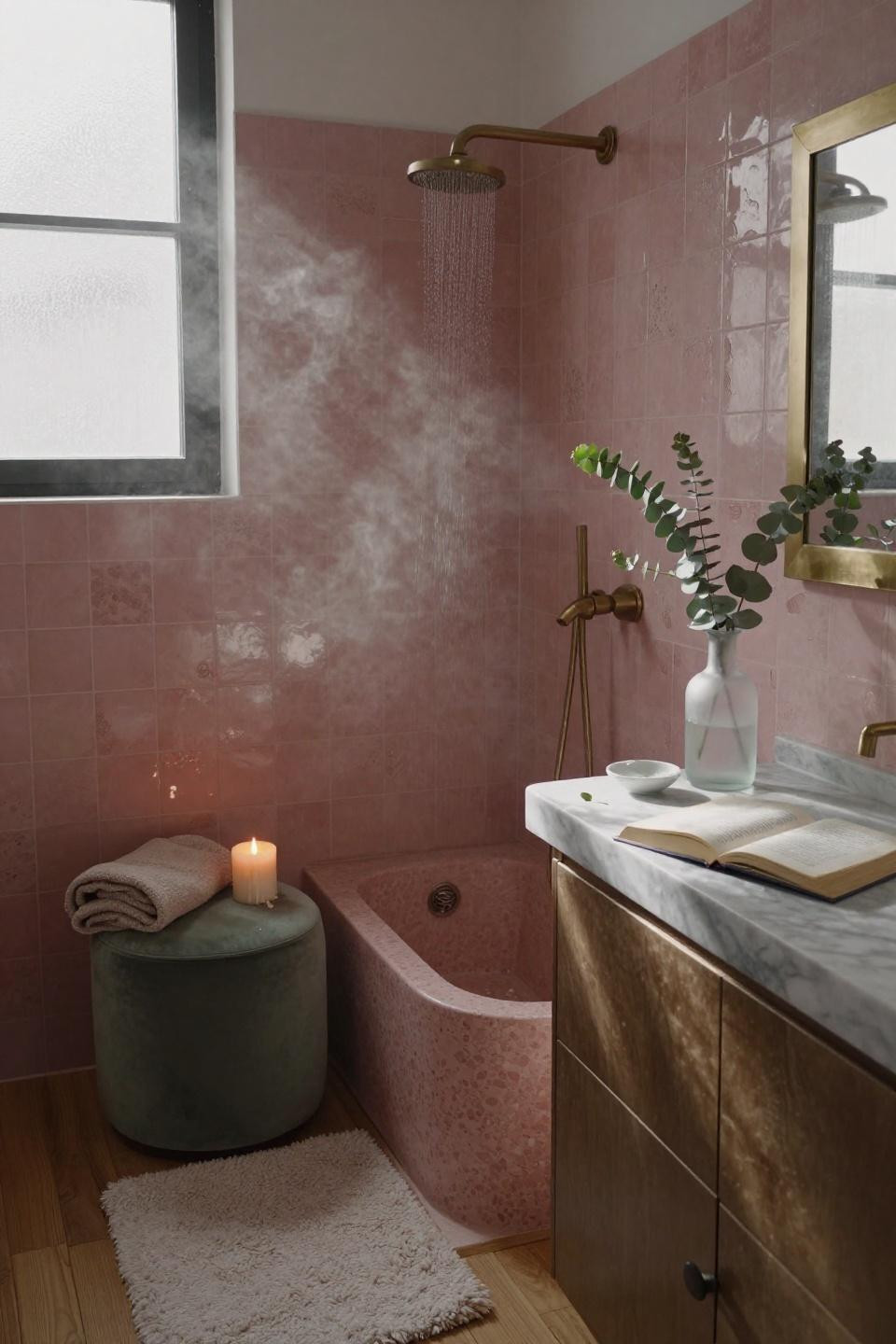 Pink Small Bathroom - vertical storage in 6x8 space