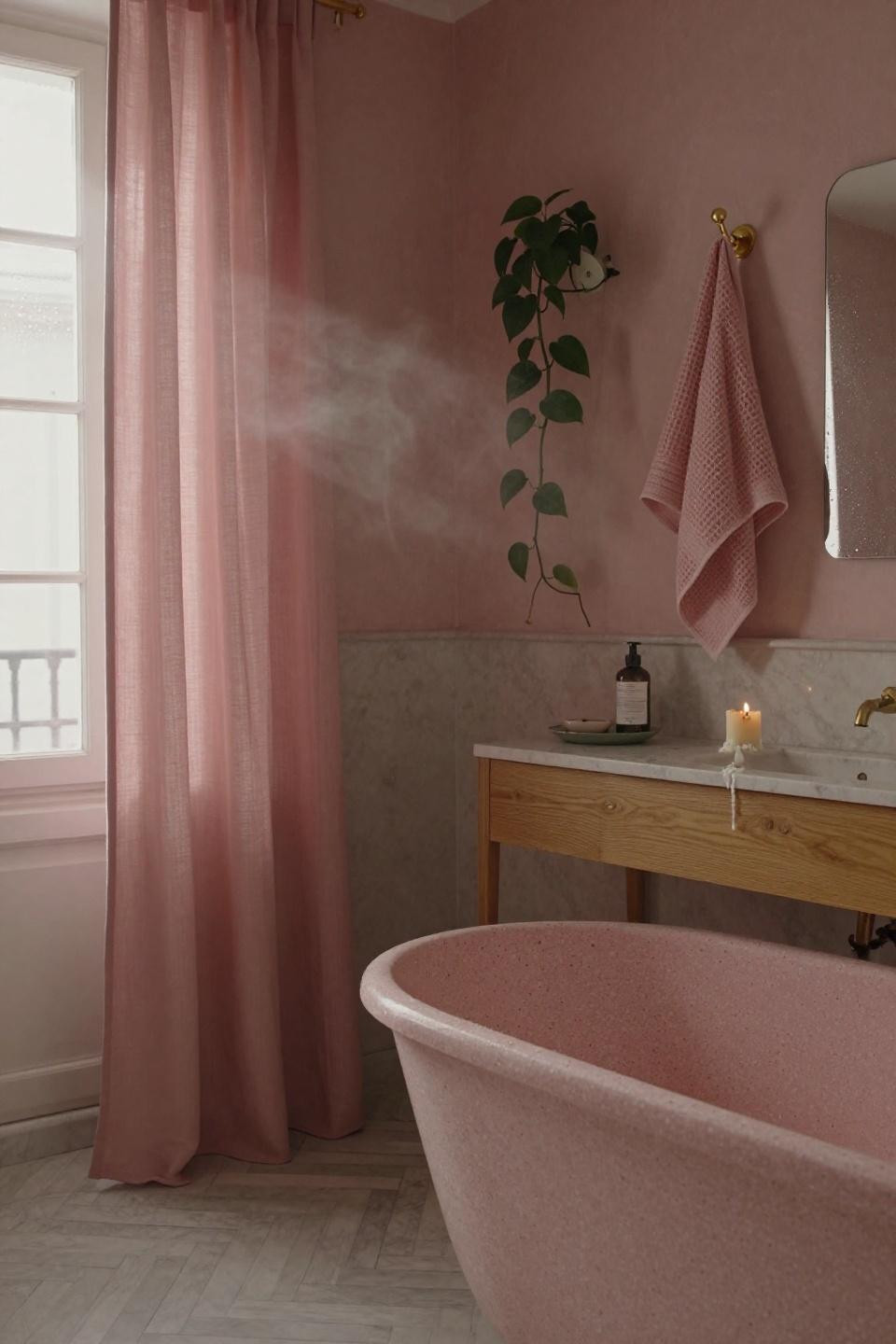 Blush Bathroom - waist-height perspective with terrazzo tub