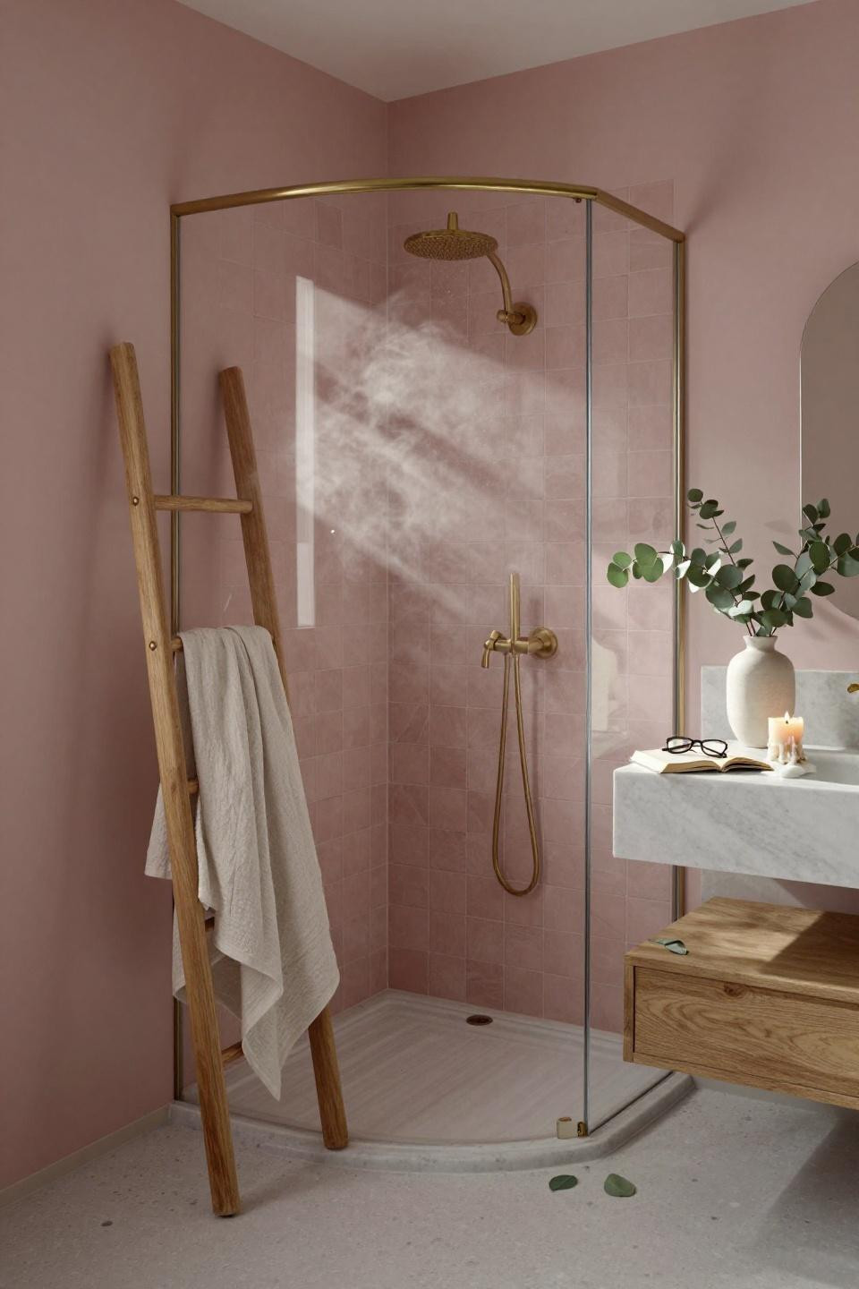Dusty Pink Bathroom - Scandinavian layout with strategic lighting