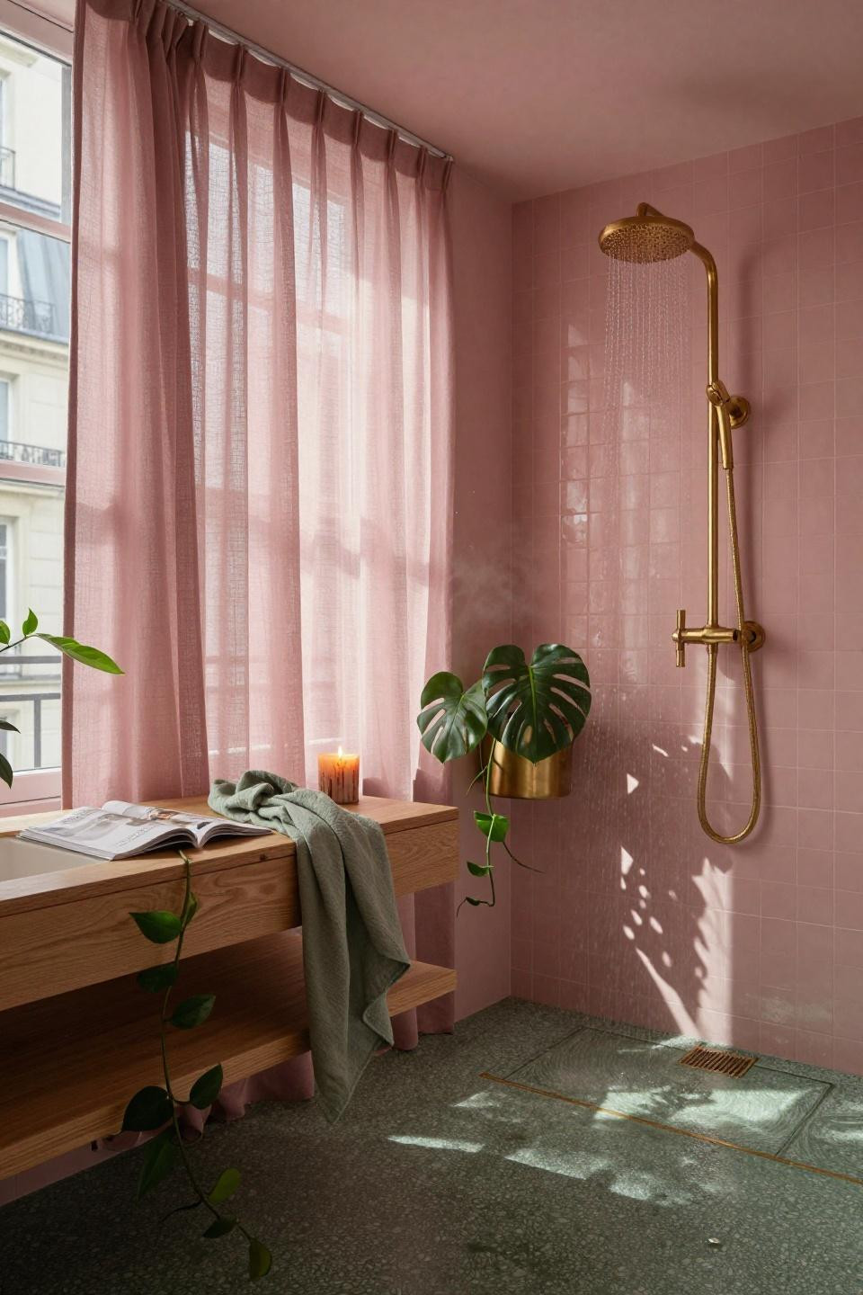 Pink Bathroom Inspo - unlacquered brass fixtures with patina