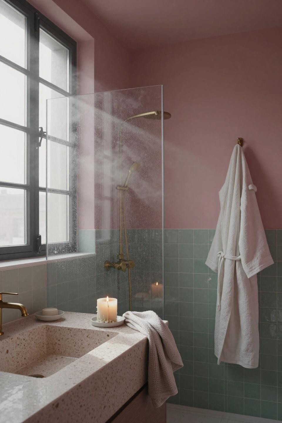 Modern Pink Bathroom - Venetian plaster walls with sheer linen curtains