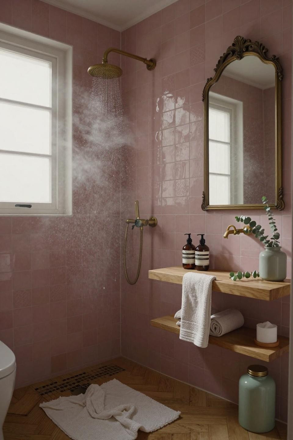 Pink Small Bathroom - vintage brass mirror as focal point