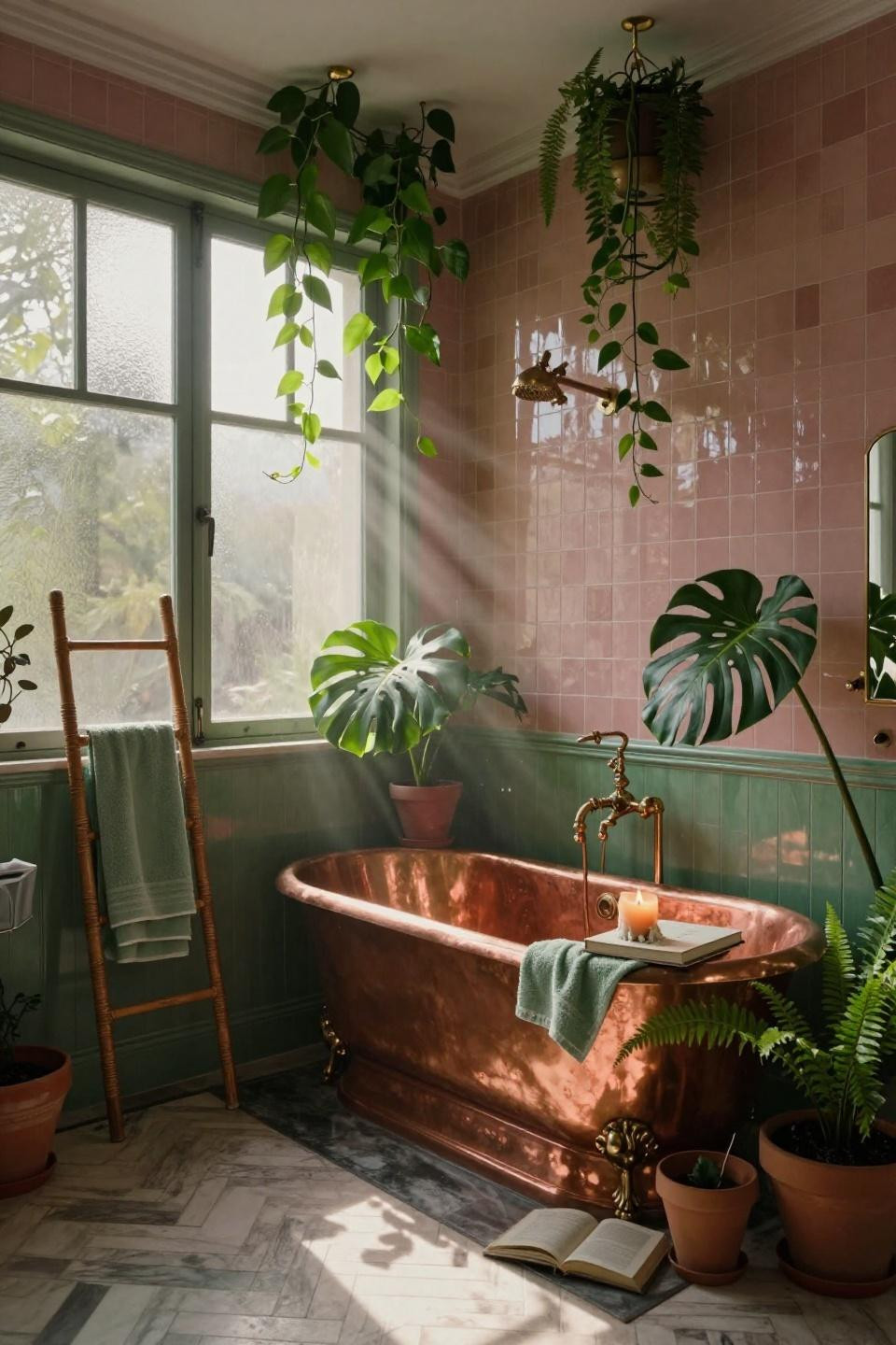 Green And Pink Bathroom - Art Deco with tropical plants