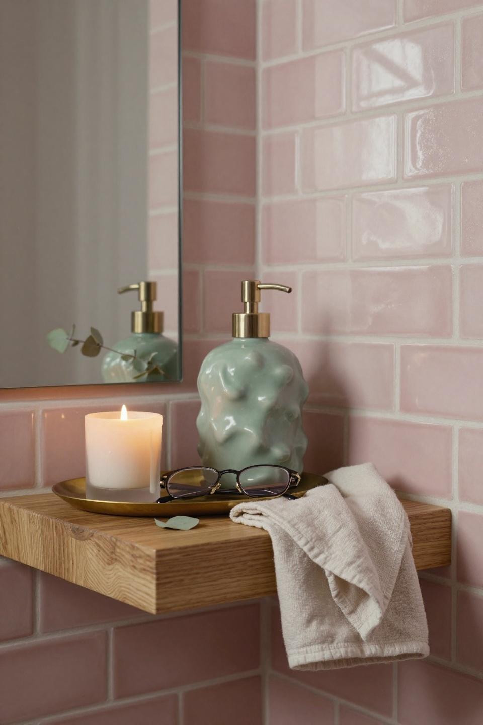 Green And Pink Bathroom - terracotta tiles with sage accents