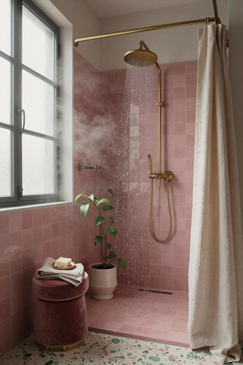 Pink Shower - dusty rose zellige tiles with brass fixtures