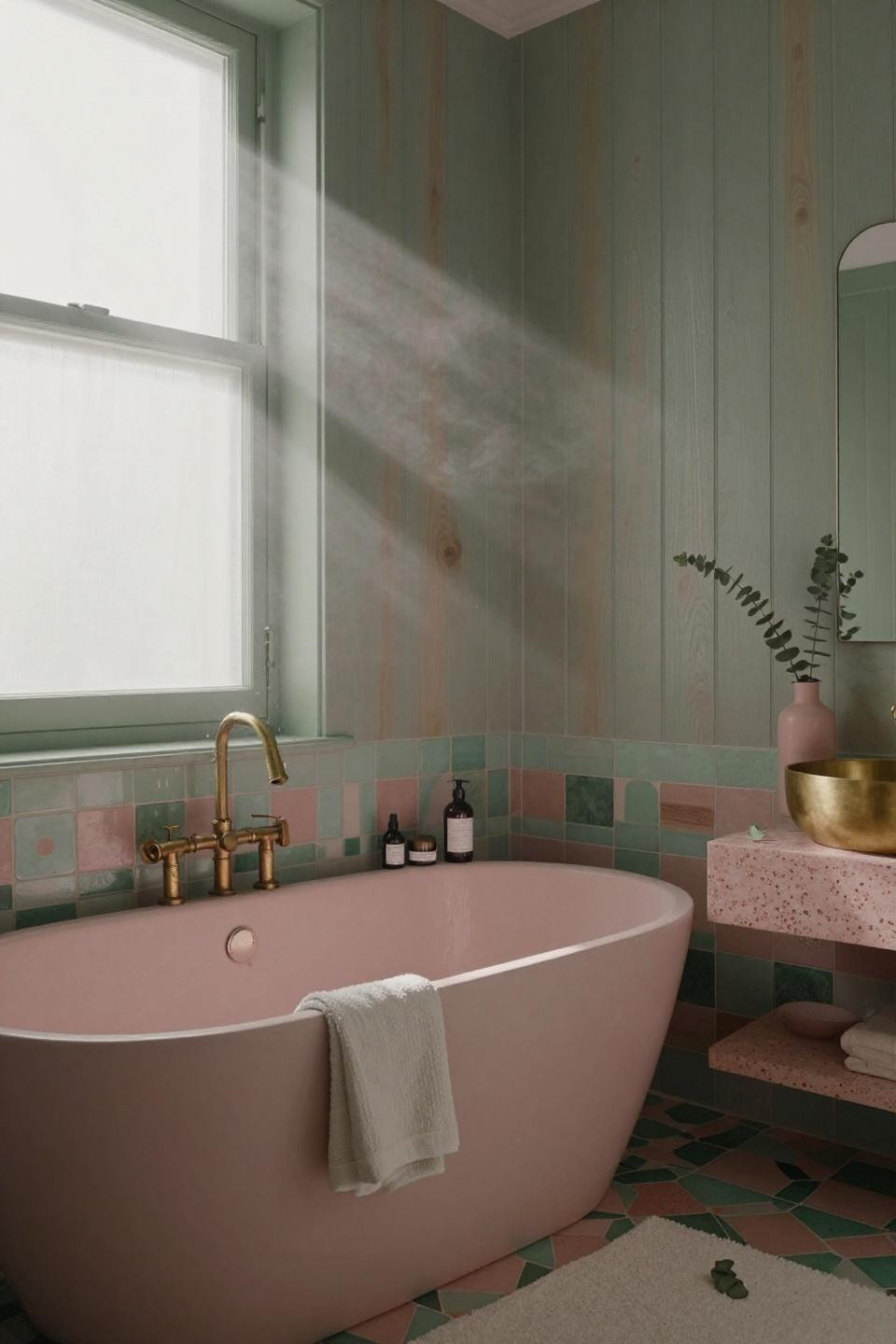 Green And Pink Bathroom - geometric zellige with sage paneling