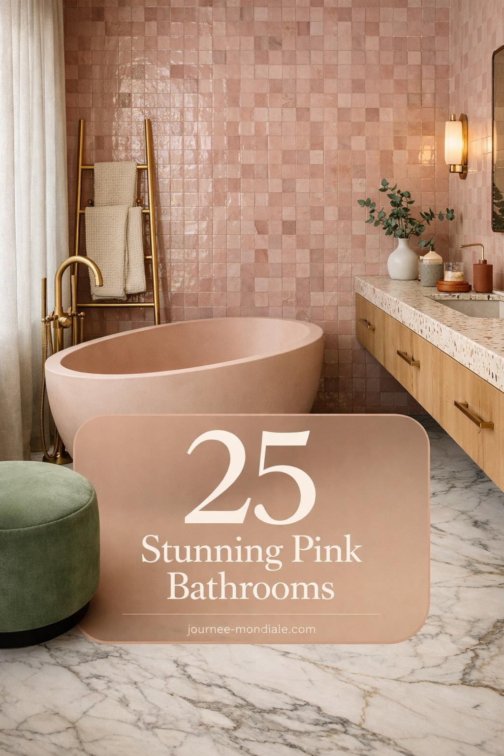 Sophisticated blush bathroom featuring dusty rose hand-glazed zellige tiles, oval freestanding tub, brass fixtures, sage velvet ottoman, and eucalyptus decor