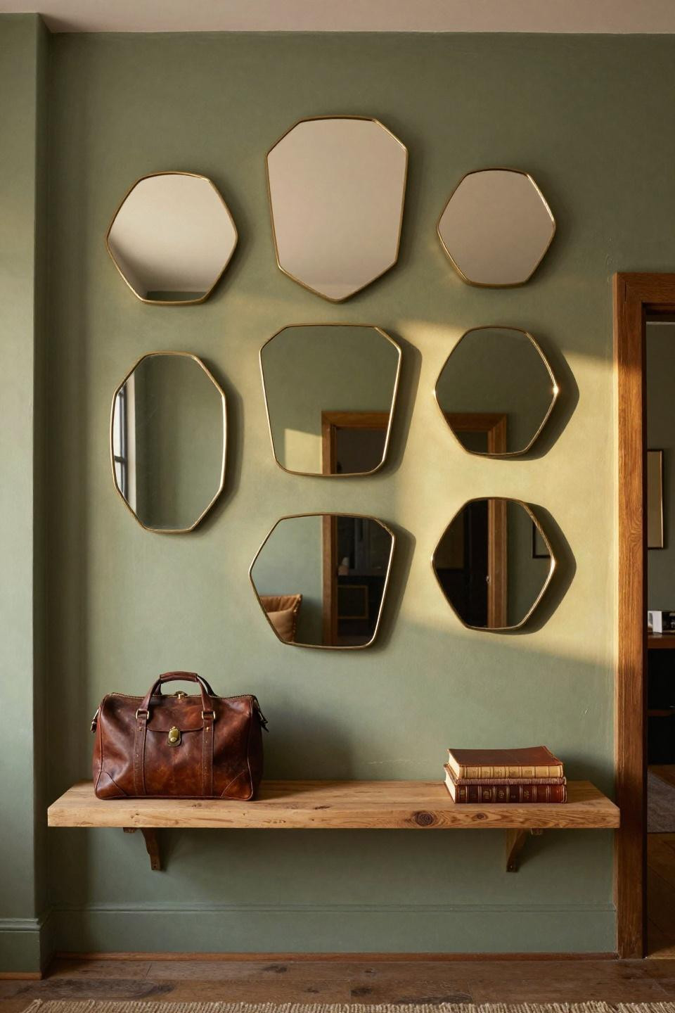 Mirror Wall Design - polygon mirrors on sage green wall