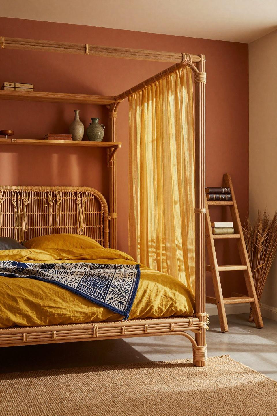 Loft Bed Inspo - natural rattan loft bed with macrame