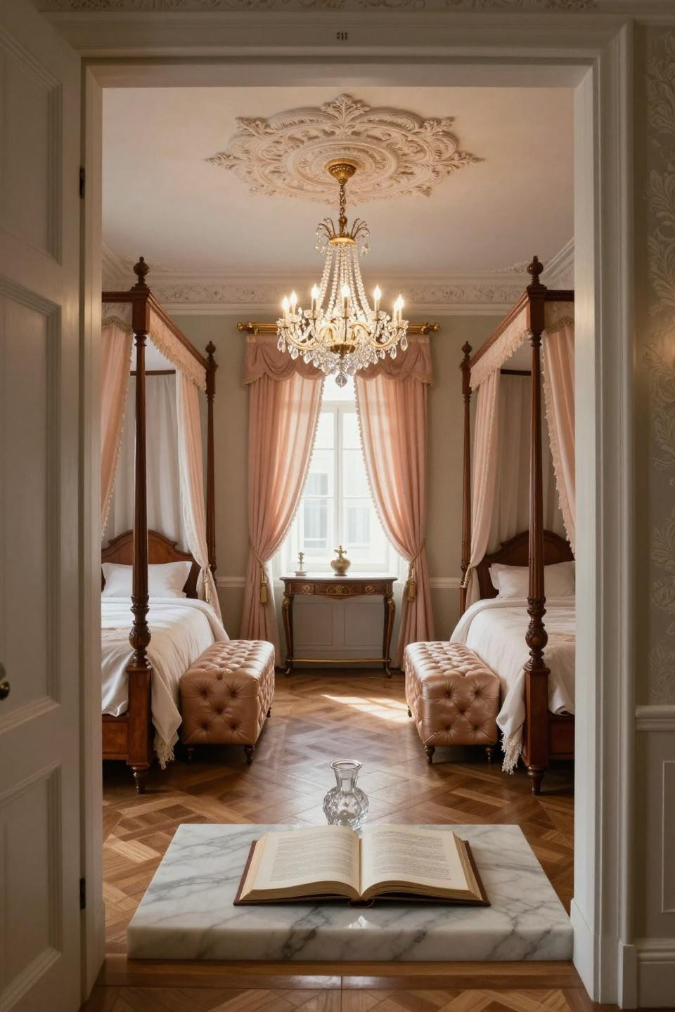 Royal Luxury Bedroom Design - paired mahogany four-poster canopy beds