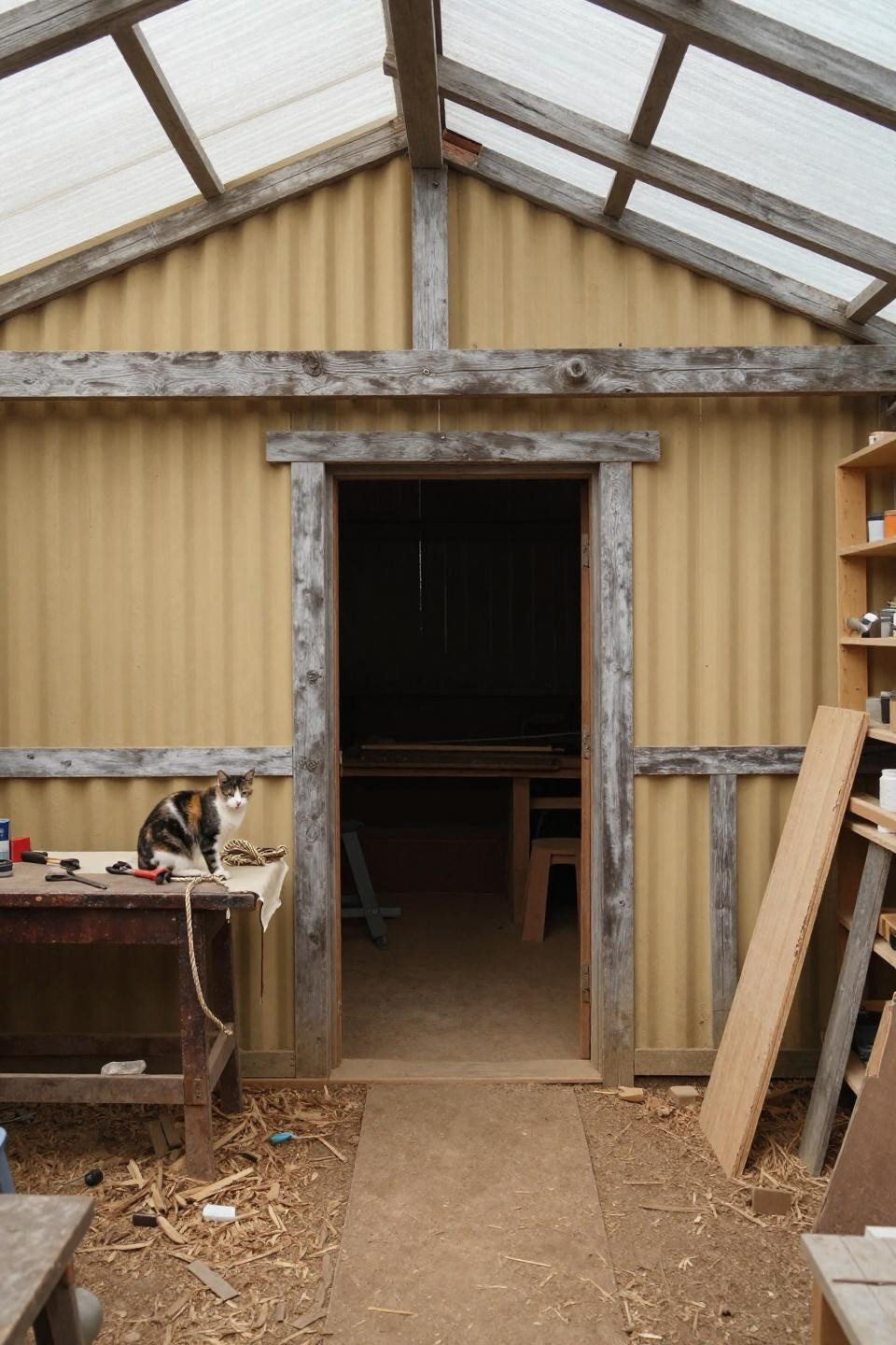 Backyard barn - rustic workshop with burnt sienna metal