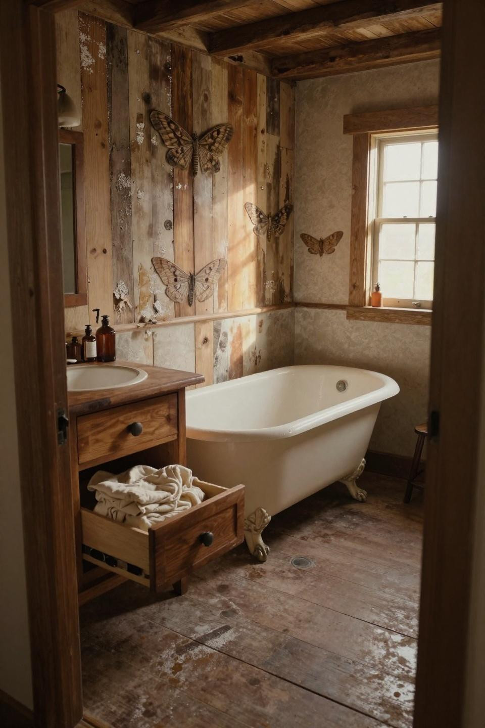 Farmhouse Walk In Shower Ideas - clawfoot tub with ship hull walls