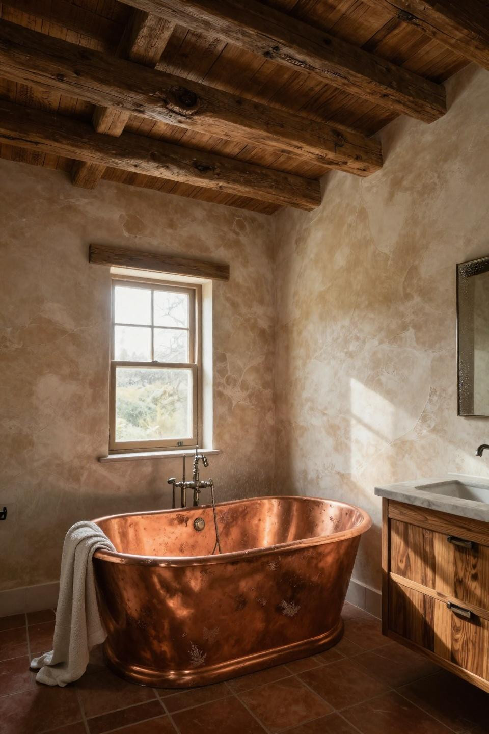 Modern Rustic Bathroom - copper soaking tub with reclaimed wood beams