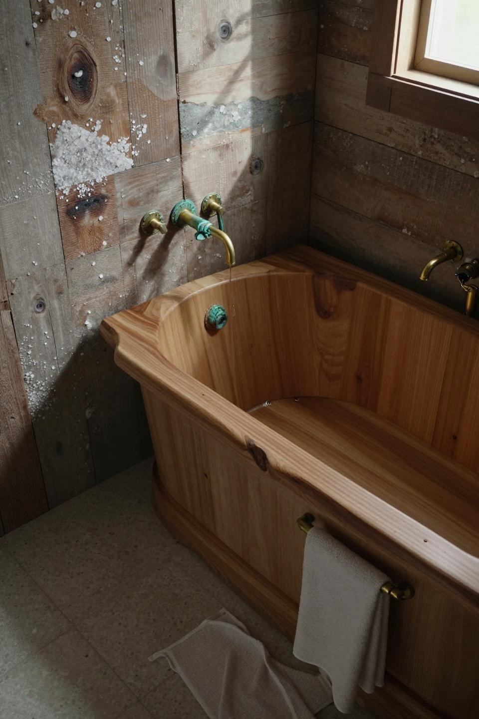 Rustic Farmhouse Bathroom - hand-hewn timber soaking tub