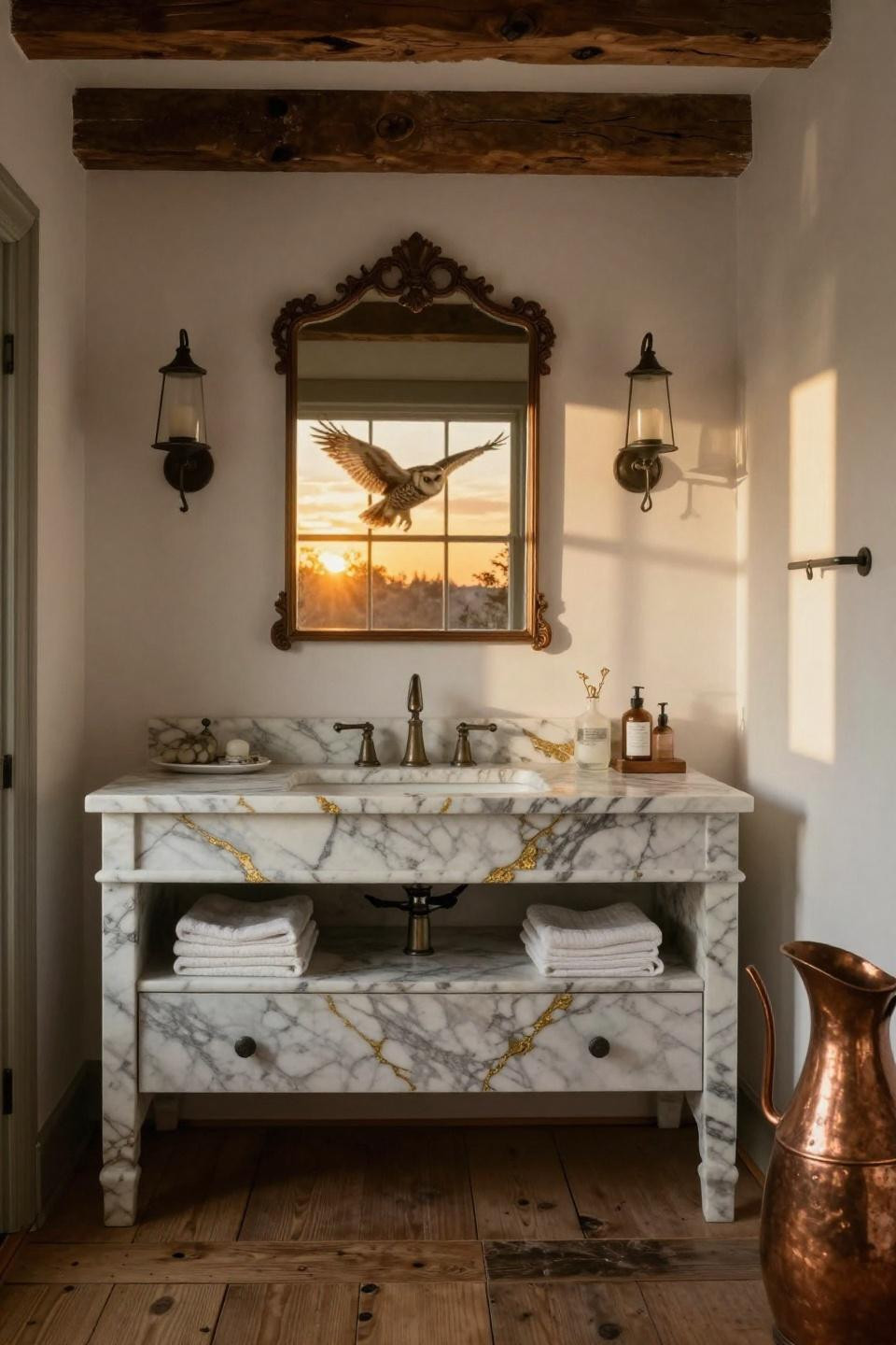 Modern Rustic Bathroom - Calacatta marble vanity with gold veining