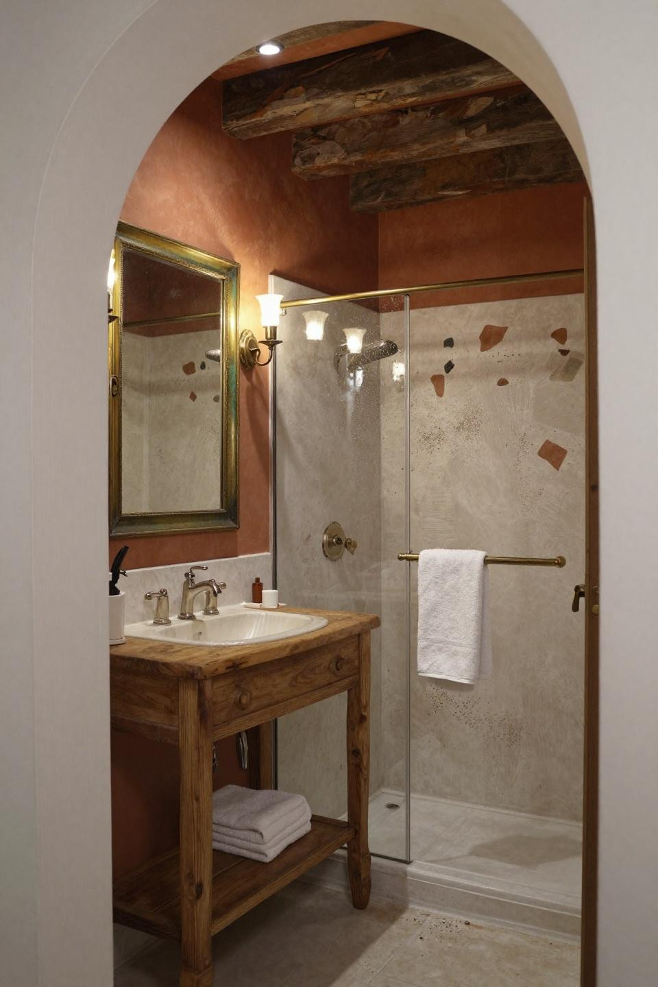 Small Rustic Bathroom - oak vanity through arched doorway