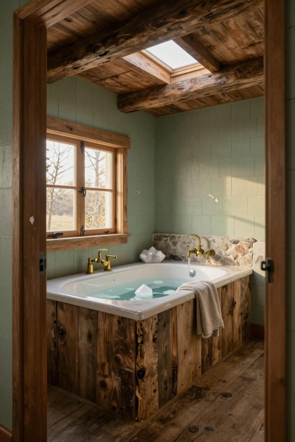 Rustic Bathroom Remodel - reclaimed ship hull tub