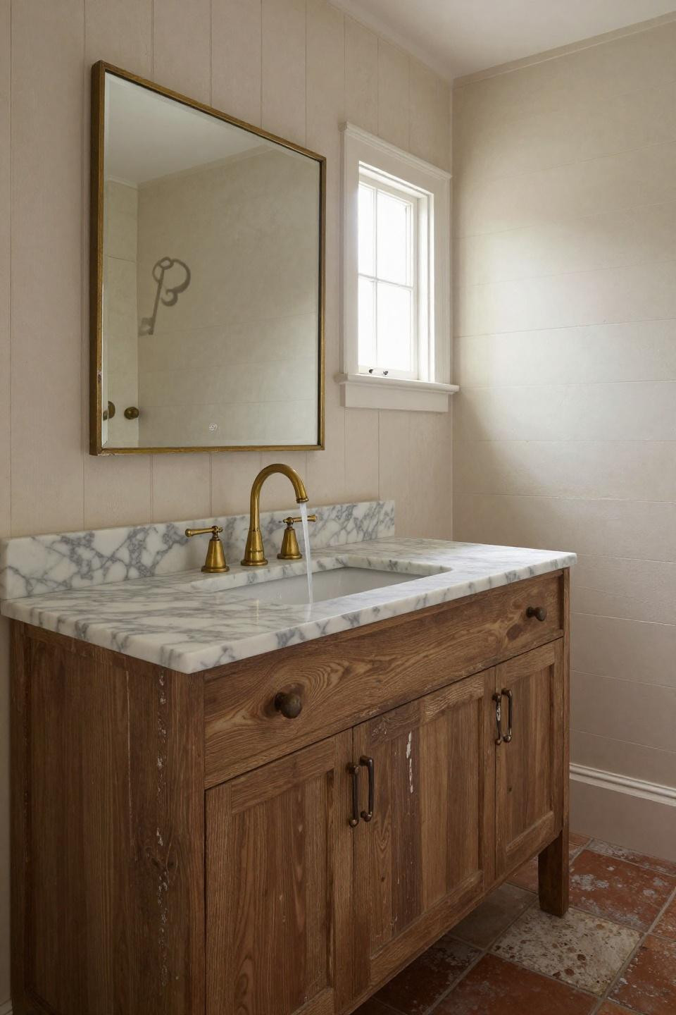 Rustic Bathroom Remodel - walnut vanity with Calacatta marble