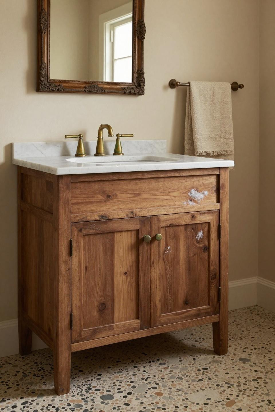 Farmhouse Walk In Shower Ideas - reclaimed walnut vanity centered