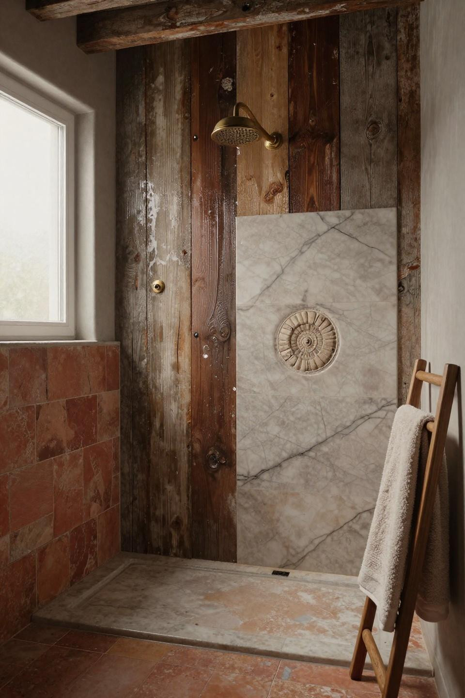 Modern Rustic Bathroom - reclaimed wood with terracotta stone shower