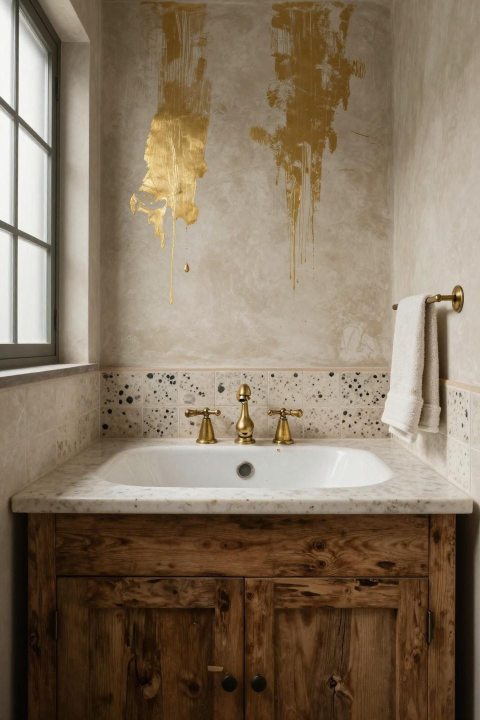 Small Farmhouse Bathroom Ideas - reclaimed wood vanity with brass fixtures
