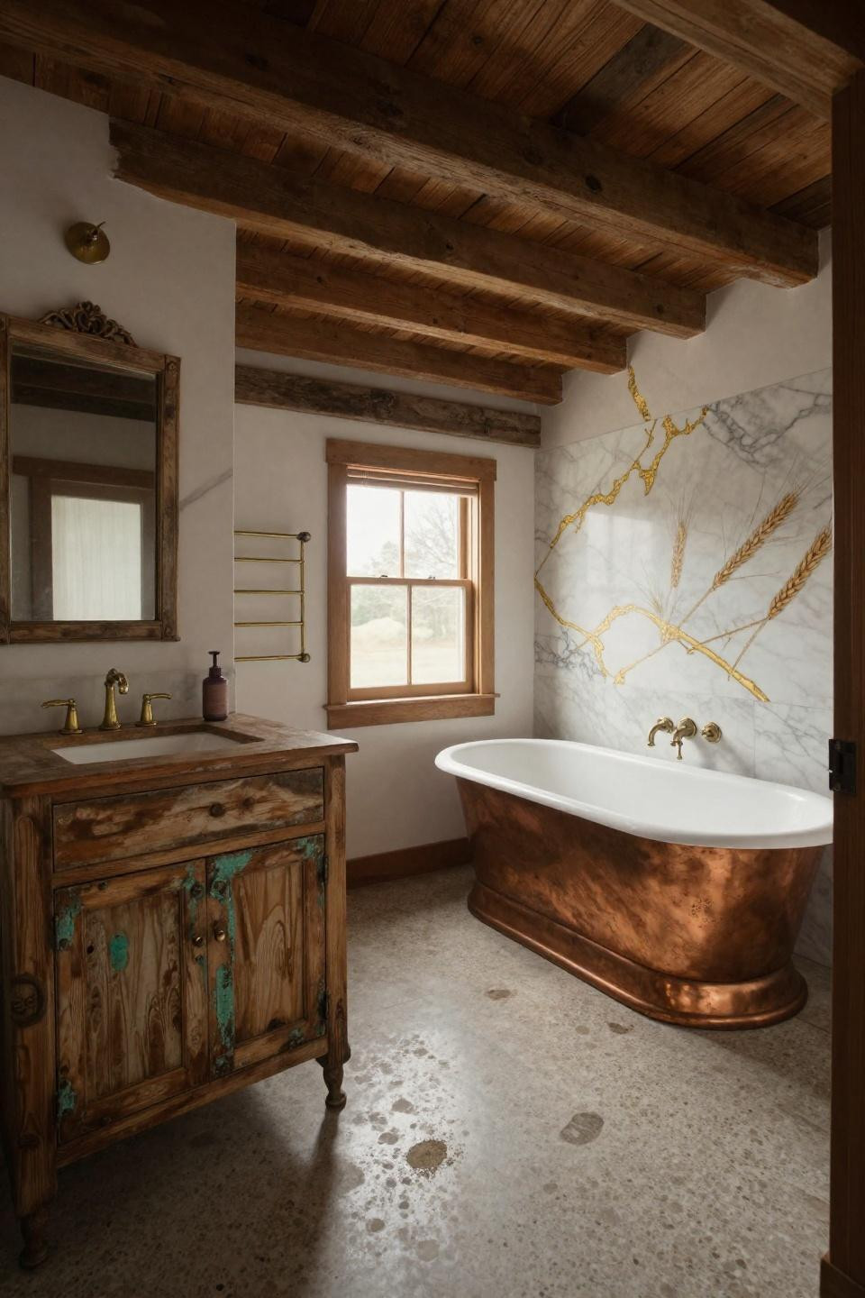 Rustic Bathroom Remodel - reclaimed wood vanity with copper tub