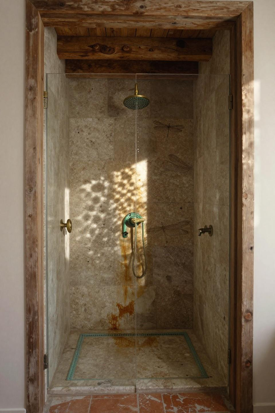 Rustic Bathroom Decor - unfilled travertine walk-in shower