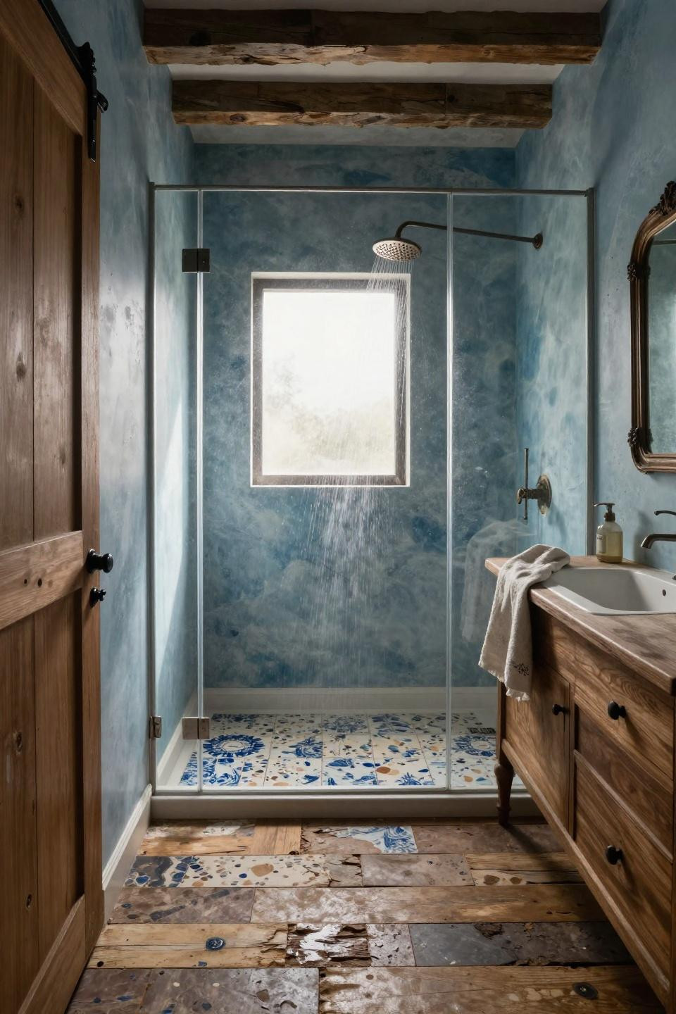 Rustic Farmhouse Bathroom - terrazzo floor with Delft tile fragments