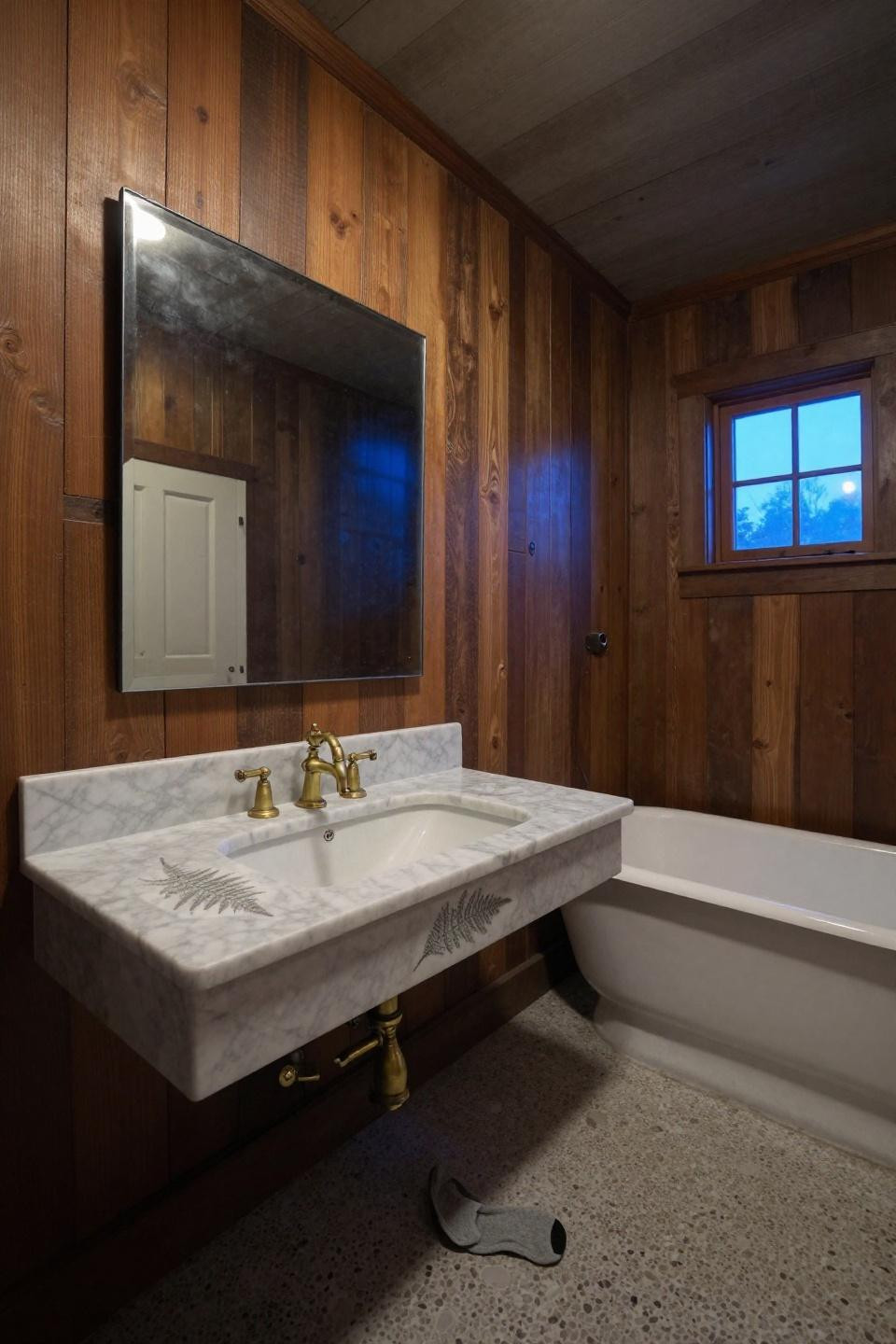 Small Rustic Bathroom - walnut beadboard with Carrara marble