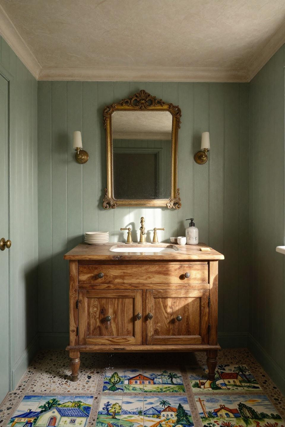 Rustic Bathroom Designs - walnut vanity with sage beadboard