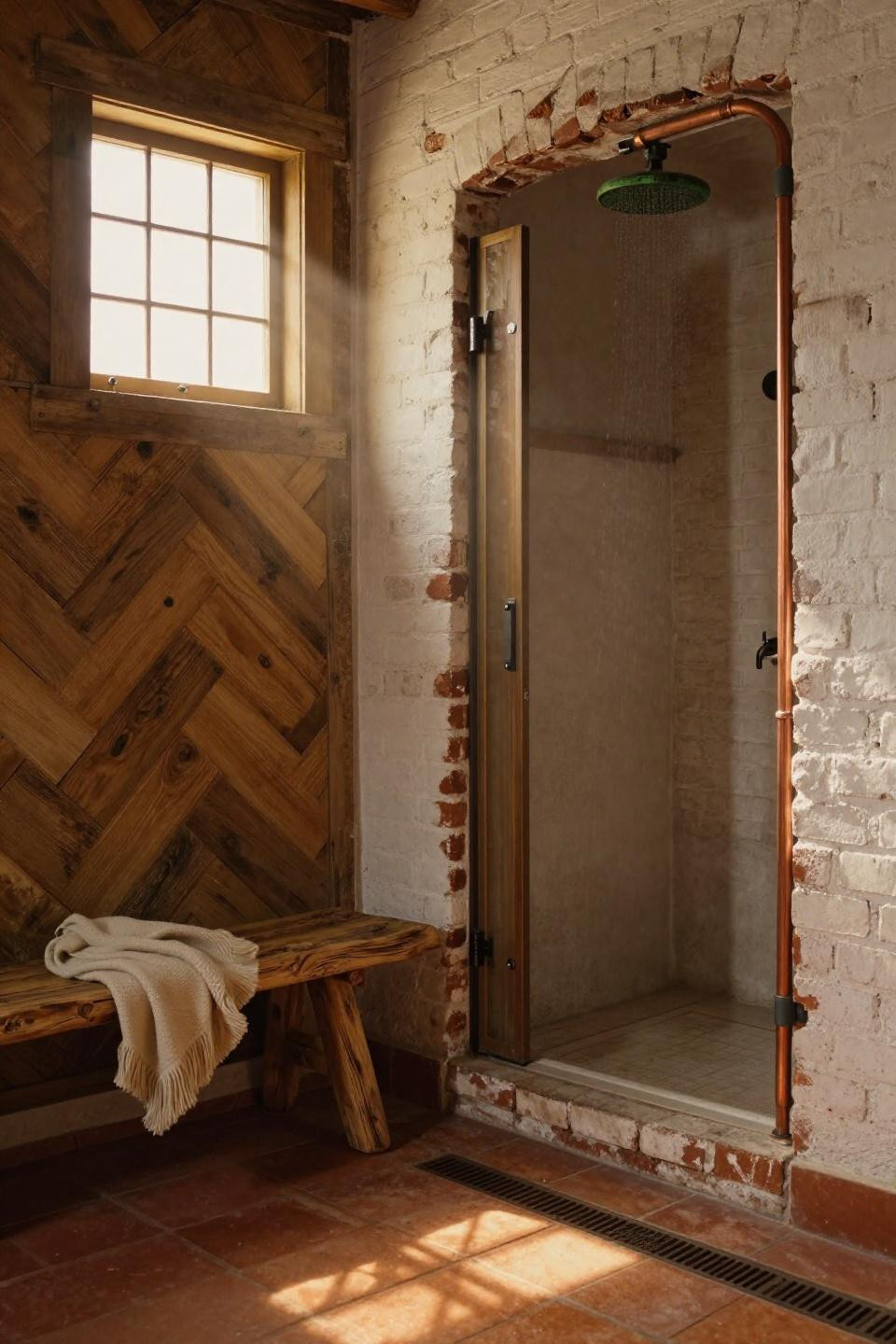 Walk In Shower With Wall No Door - farmhouse whitewashed brick niche
