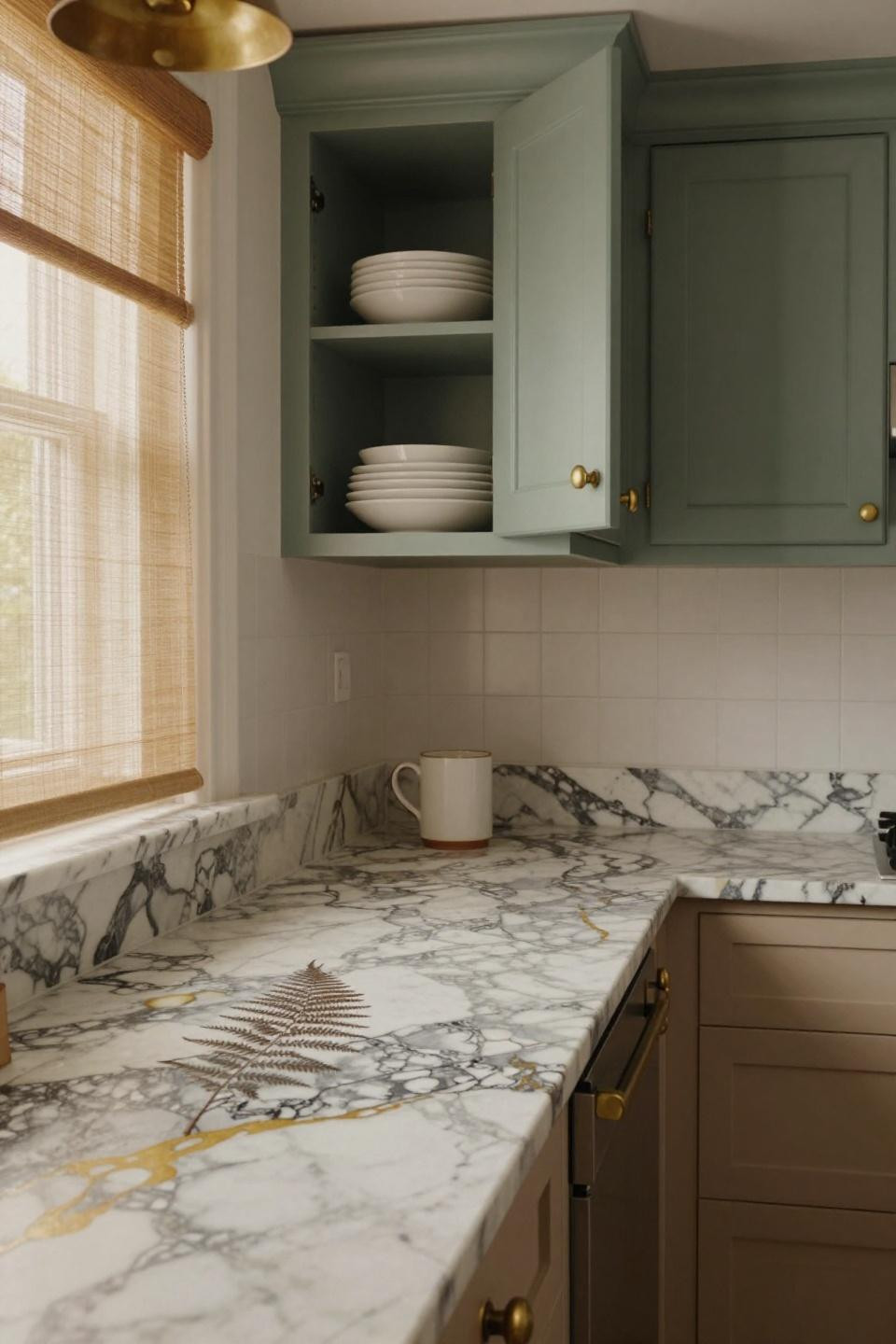 sage green upper and cream lower kitchen cabinets creating visual rhythm