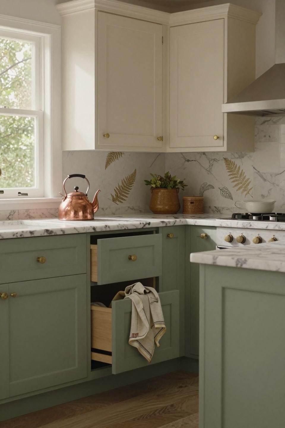 sage green and vanilla cabinets with unlacquered brass hardware