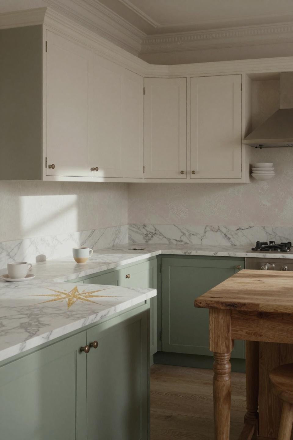 sage green and cream two-tone kitchen cabinets with marble countertop