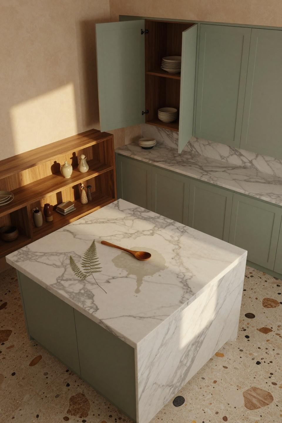 overhead view of sage green and cream kitchen cabinets with marble island