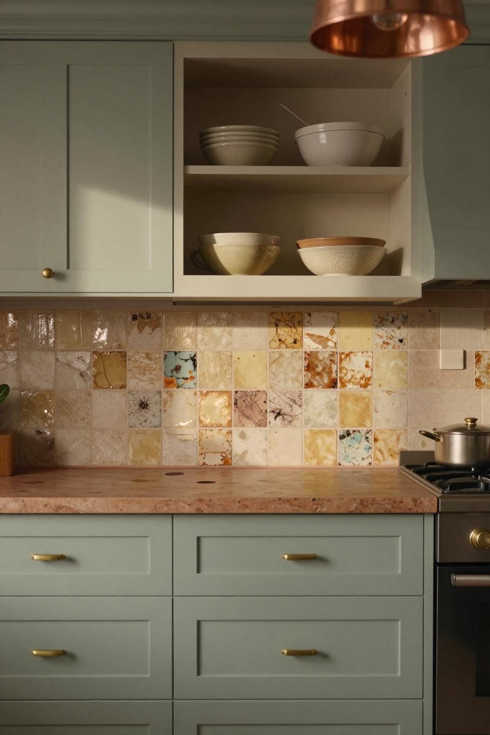 sage green and cream cabinets with venetian plaster backsplash