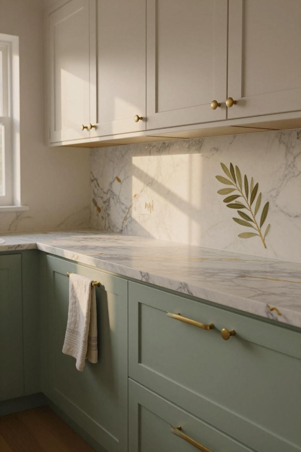 sage green and cream cabinets with fossilized marble countertop
