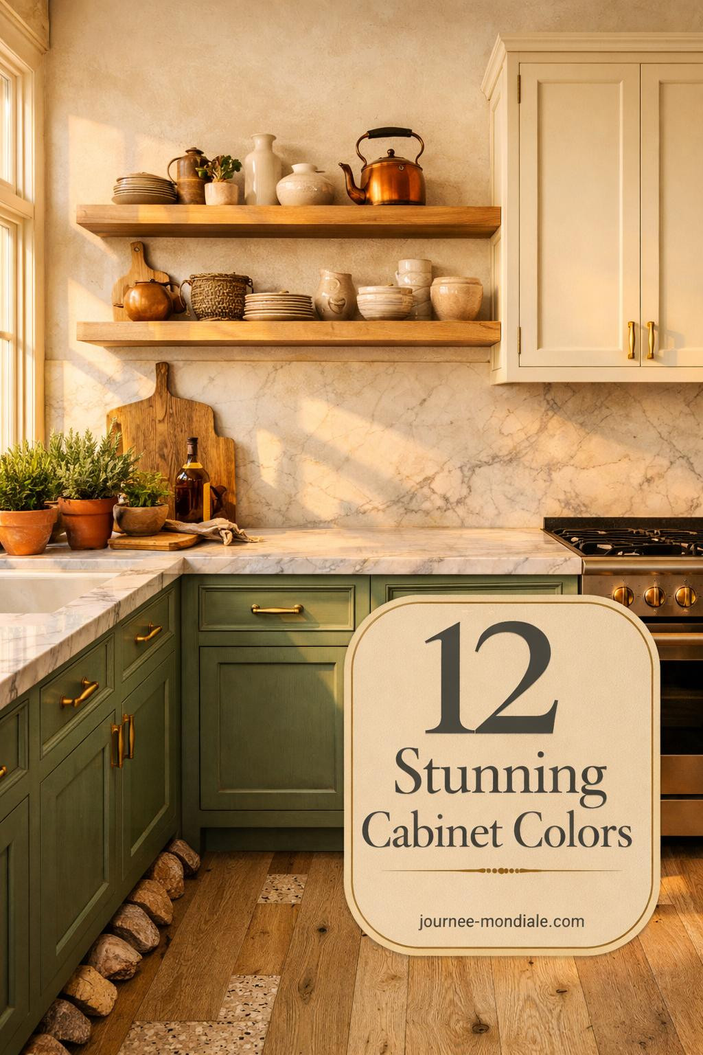 Sophisticated farmhouse kitchen with sage green lower cabinets, cream uppers, Calacatta marble counters, brass hardware, oak shelving, herbs in terracotta pots, natural light